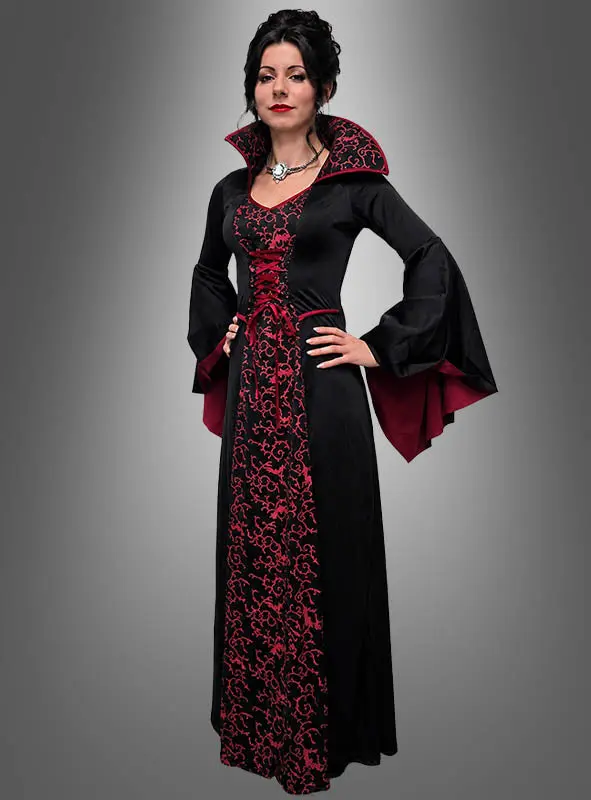 Vampir Königin Kostüm Damen | Bodenlanges Vampirkleid mit Fledermausärmeln, Stehkragen und Halsband für Halloween