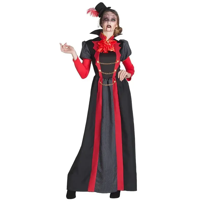 Vampir Kostüm Damen | Halloween-Kleid mit roten Akzenten, Stehkragen und Hut für Halloween- und Mottopartys