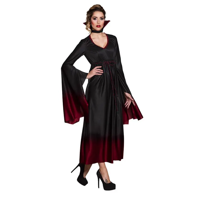 Vampir Kostüm Damen | Halloween-Kostüm mit langem Kleid, Kragen und Gürtel für Halloween- und Mottopartys