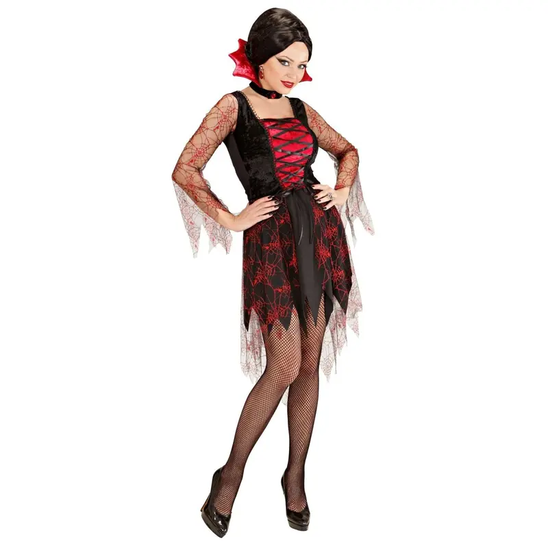 Vampir Kostüm Damen | Rot-schwarzes Halloween-Kostüm mit Spinnennetz-Look, Kleid und Kragen für Halloween-Partys