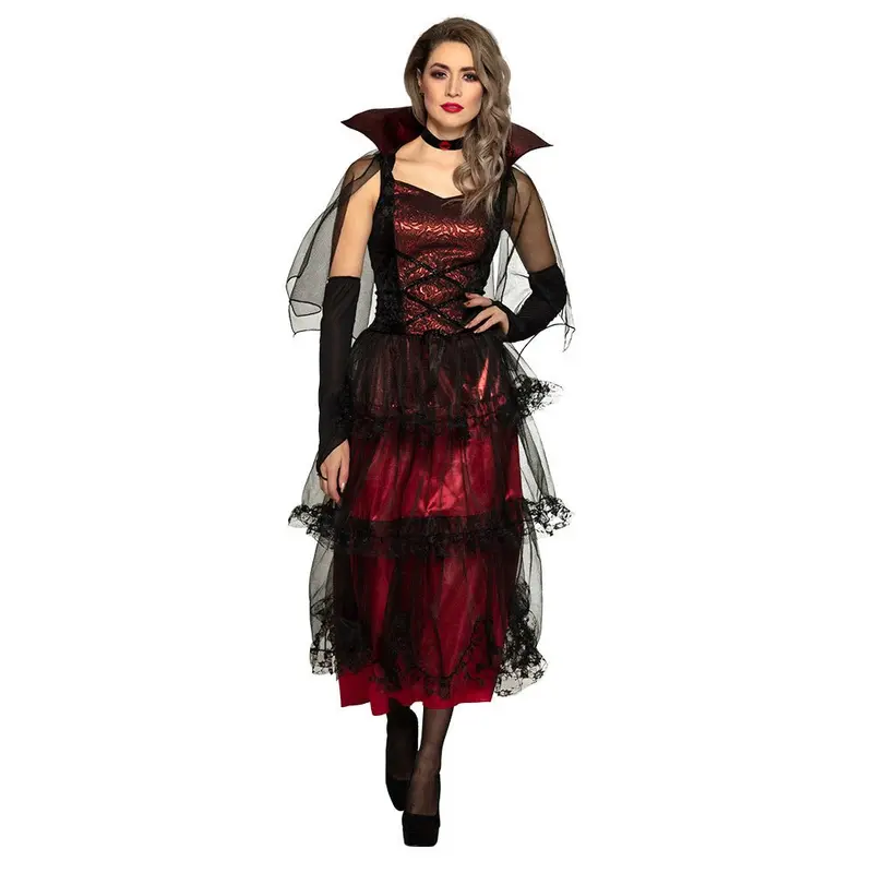 Vampir Kostüm Damen | Rotes Halloween-Kostüm mit Kleid, Umhang, Halsband und Armteilen für Halloween-Partys