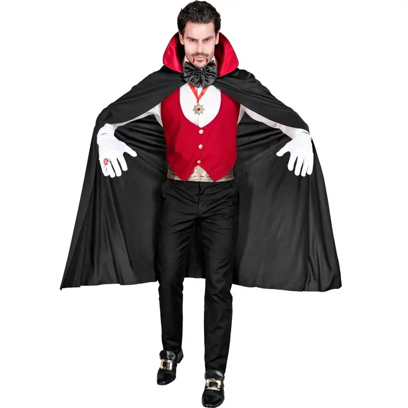 Vampir Kostüm Herren 4-teilig | Schwarz-rotes Halloween-Kostüm mit Weste, Bund, Fliege und Halskette