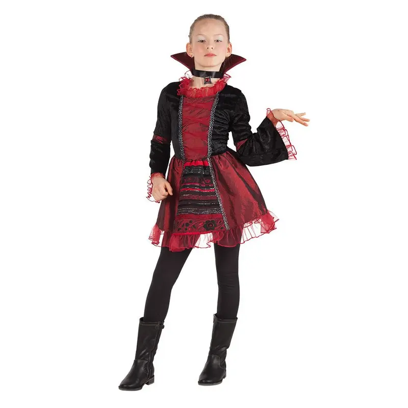 Vampir Kostüm Kinder | Rotes Halloween-Kostüm mit Kleid, Kragen und Halsband für Halloween- und Mottopartys