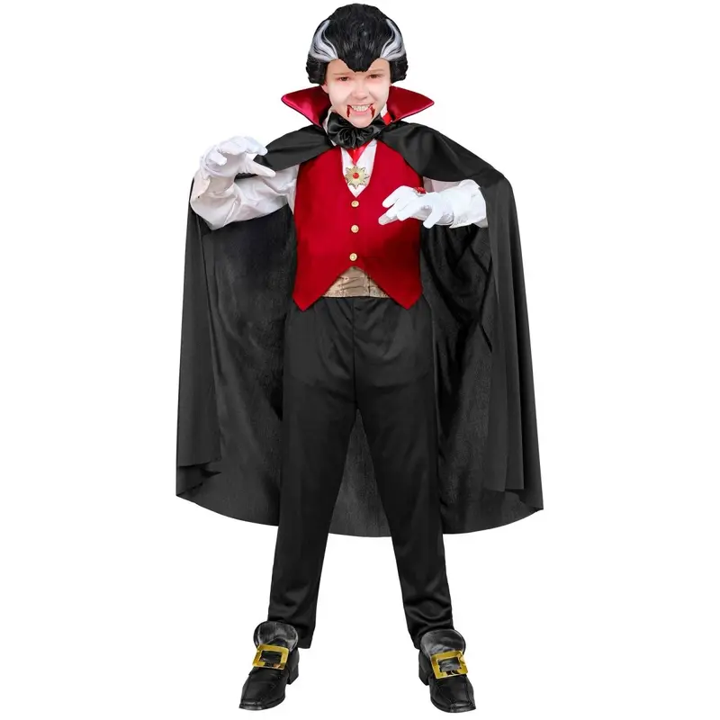 Vampir Kostüm Kinder | Schwarz-rotes Halloween-Kostüm mit Weste, Bund, Fliege und Halskette für Halloween-Partys