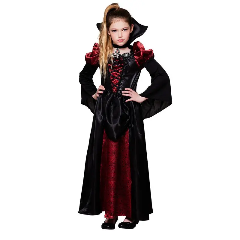 Vampirkönigin Kostüm Kinder | Halloween-Kostüm mit Kleid und Kragen für Halloween-Partys und Mottopartys