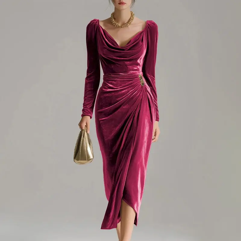 Velours-Schlupfkleid mit Schlitz | Figurbetont & elegant | Lange Ärmel & Raffungen | Größen S–2XL