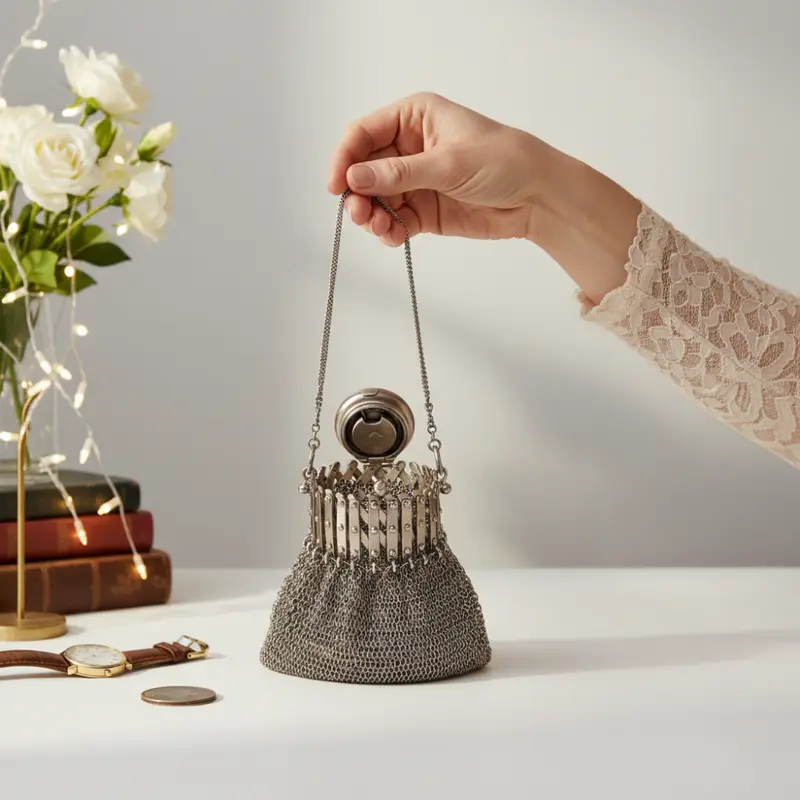 Vintage Kettenmaille Abendtasche im 1920er Stil | Handgefertigte Metalltasche für Lippenstift & Kleinigkeiten | Silberfarbener Statement-Begleiter