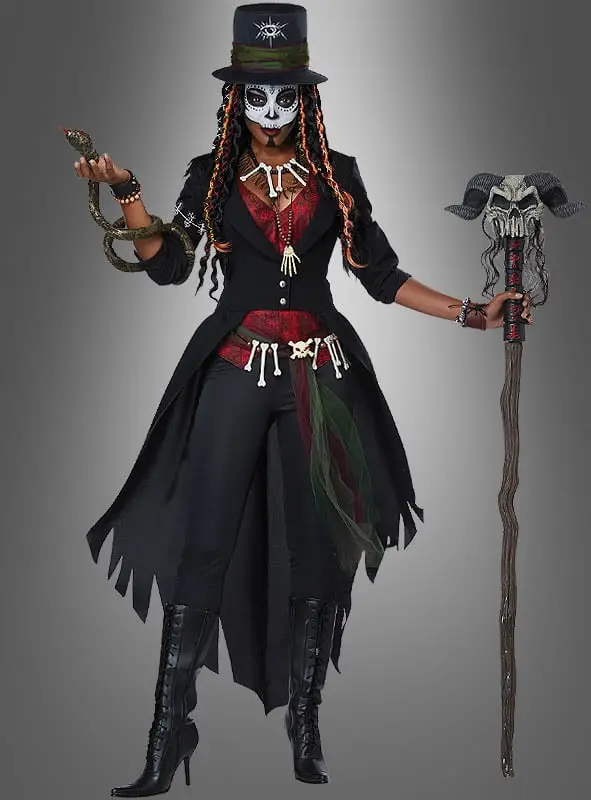 Voodoo Zauberin Kostüm Damen | Halloween Kostüm mit Jacke, Weste, Zylinder, Knochenkette und Voodoo-Accessoires