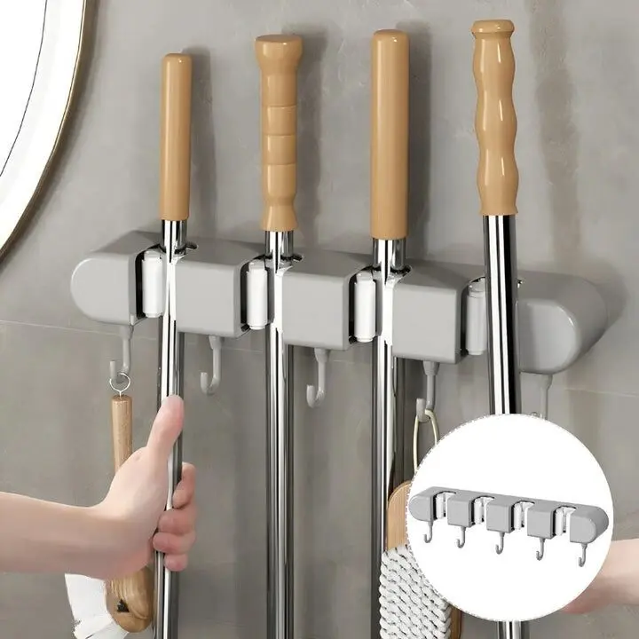 Wandhalterung für Besen & Mopps ohne Bohren | GripMaster hält Stiele bis 2,8 cm sicher | Schlank, ABS, Grau/Weiß