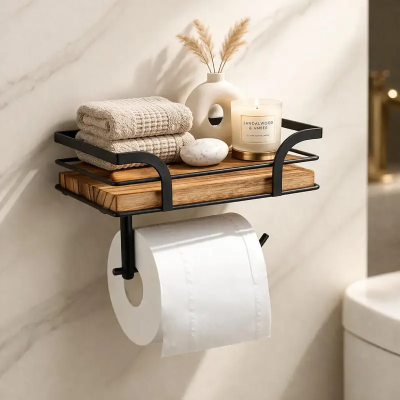 Wandregal Badezimmer mit Toilettenpapierhalter | Metall & Naturholz | 20,32 cm | Wandmontage | Für Bad & WC