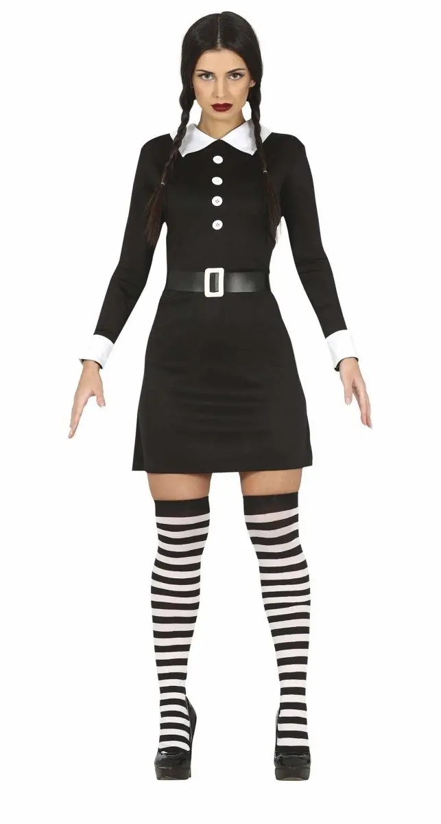 Wednesday Kostüm Damen | Schwarzes Halloween-Kleid mit Gürtel für Gothic-, Halloween- und Mottopartys