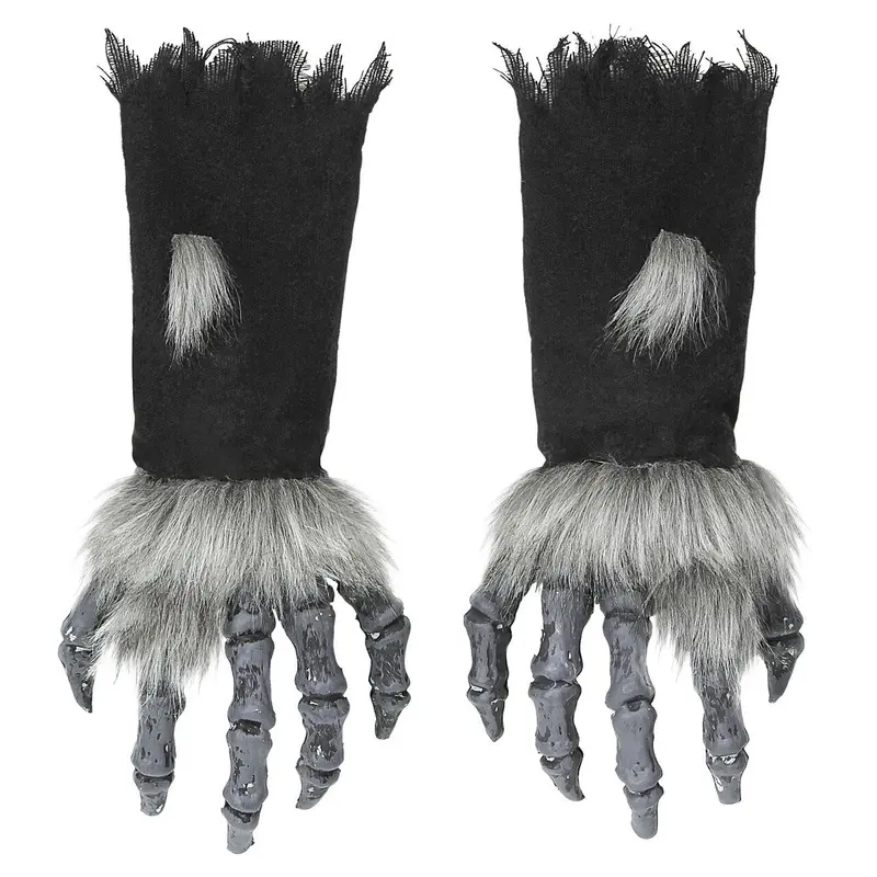 Werwolf Handschuhe Grau mit Krallen | Pelzpfoten für Werwolf Kostüm, Halloween, Horrorparty, Karneval und Mottoparty