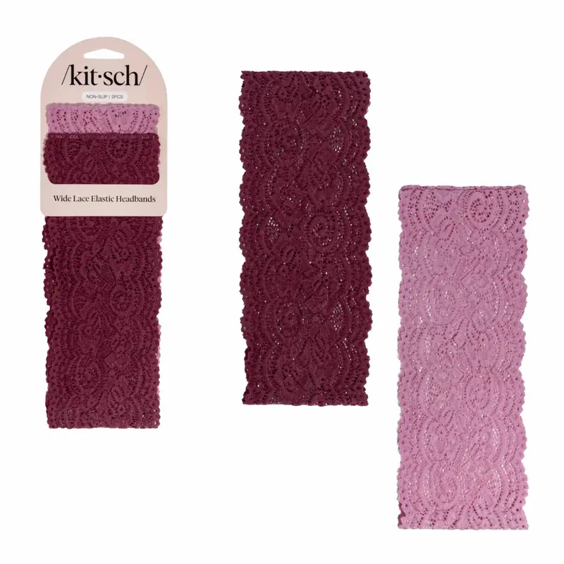 Wide Lace Elastic Headbands Set Cherry Lacquer & Dusty Pink
