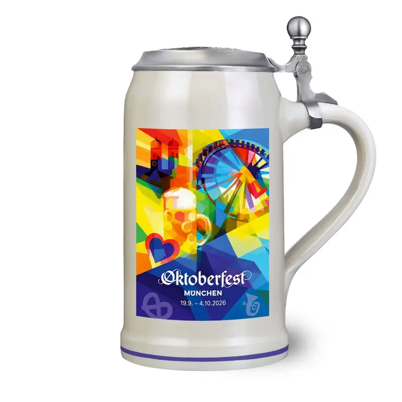 Wiesnkrug 2026 | 1-Liter Bierkrug aus Steingut mit Zinndeckel und Daumenheber für Oktoberfest-Fans